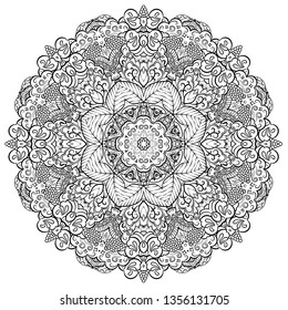 Mandala, tracery wheel mehndi design. Ethnic ornament, doodle symmetry texture. Folk traditional spiritual tribal design. Curved doodling mehndi motif. Binary monochrome black and white art. Vector.