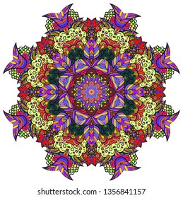 Mandala, tracery wheel mehndi design. Ethnic ornament, colorful doodle symmetry texture. Folk traditional spiritual tribal design. Curved doodling mehndi motif. Color art. Vector.