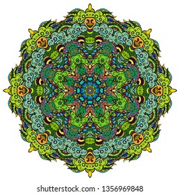 Mandala, tracery wheel mehndi design. Ethnic ornament, colorful doodle symmetry texture. Folk traditional spiritual tribal design. Curved doodling mehndi motif. Color art. Vector.
