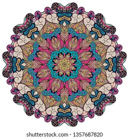 Mandala, tracery wheel mehndi design. Ethnic ornament, colorful doodle symmetry texture. Folk traditional spiritual tribal design. Curved doodling mehndi motif. Color art. Vector.