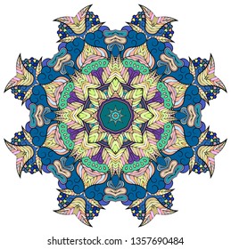 Mandala, tracery wheel mehndi design. Ethnic ornament, colorful doodle symmetry texture. Folk traditional spiritual tribal design. Curved doodling mehndi motif. Color art. Vector.
