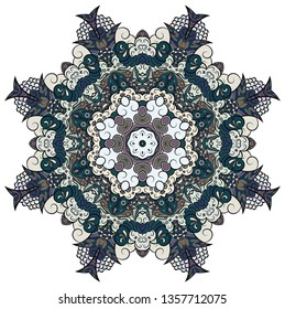 Mandala, tracery wheel mehndi design. Ethnic ornament, colorful doodle symmetry texture. Folk traditional spiritual tribal design. Curved doodling mehndi motif. Color art. Vector.