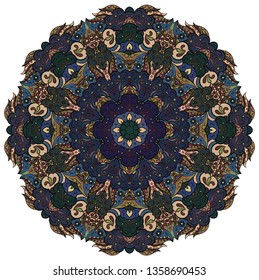 Mandala, tracery wheel mehndi design. Ethnic ornament, colorful doodle symmetry texture. Folk traditional spiritual tribal design. Curved doodling mehndi motif. Color art. Vector.