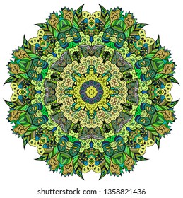 Mandala, tracery wheel mehndi design. Ethnic ornament, colorful doodle symmetry texture. Folk traditional spiritual tribal design. Curved doodling mehndi motif. Color art. Vector.