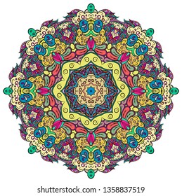 Mandala, tracery wheel mehndi design. Ethnic ornament, colorful doodle symmetry texture. Folk traditional spiritual tribal design. Curved doodling mehndi motif. Color art. Vector.