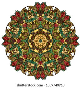 Mandala, tracery wheel mehndi design. Ethnic ornament, colorful doodle symmetry texture. Folk traditional spiritual tribal design. Curved doodling mehndi motif. Color art. Vector.