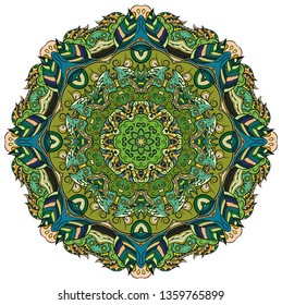 Mandala, tracery wheel mehndi design. Ethnic ornament, colorful doodle symmetry texture. Folk traditional spiritual tribal design. Curved doodling mehndi motif. Color art. Vector.