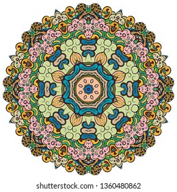 Mandala, tracery wheel mehndi design. Ethnic ornament, colorful doodle symmetry texture. Folk traditional spiritual tribal design. Curved doodling mehndi motif. Color art. Vector.
