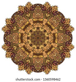 Mandala, tracery wheel mehndi design. Ethnic ornament, colorful doodle symmetry texture. Folk traditional spiritual tribal design. Curved doodling mehndi motif. Color art. Vector.