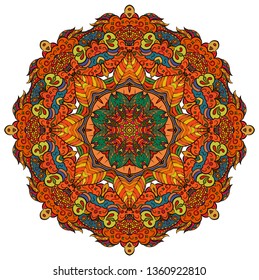 Mandala, tracery wheel mehndi design. Ethnic ornament, colorful doodle symmetry texture. Folk traditional spiritual tribal design. Curved doodling mehndi motif. Color art. Vector.