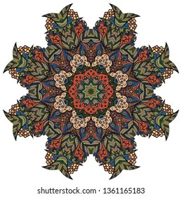 Mandala, tracery wheel mehndi design. Ethnic ornament, colorful doodle symmetry texture. Folk traditional spiritual tribal design. Curved doodling mehndi motif. Color art. Vector.