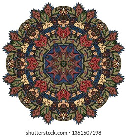 Mandala, tracery wheel mehndi design. Ethnic ornament, colorful doodle symmetry texture. Folk traditional spiritual tribal design. Curved doodling mehndi motif. Color art. Vector.