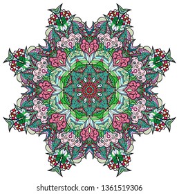 Mandala, tracery wheel mehndi design. Ethnic ornament, colorful doodle symmetry texture. Folk traditional spiritual tribal design. Curved doodling mehndi motif. Color art. Vector.