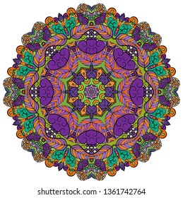 Mandala, tracery wheel mehndi design. Ethnic ornament, colorful doodle symmetry texture. Folk traditional spiritual tribal design. Curved doodling mehndi motif. Color art. Vector.