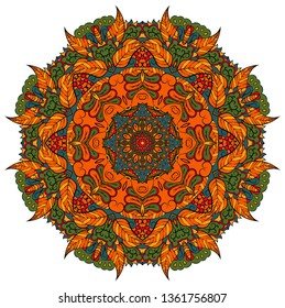 Mandala, tracery wheel mehndi design. Ethnic ornament, colorful doodle symmetry texture. Folk traditional spiritual tribal design. Curved doodling mehndi motif. Color art. Vector.