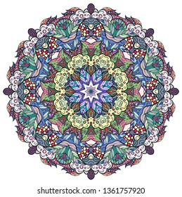Mandala, tracery wheel mehndi design. Ethnic ornament, colorful doodle symmetry texture. Folk traditional spiritual tribal design. Curved doodling mehndi motif. Color art. Vector.