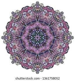 Mandala, tracery wheel mehndi design. Ethnic ornament, colorful doodle symmetry texture. Folk traditional spiritual tribal design. Curved doodling mehndi motif. Color art. Vector.