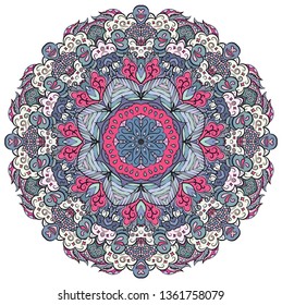 Mandala, tracery wheel mehndi design. Ethnic ornament, colorful doodle symmetry texture. Folk traditional spiritual tribal design. Curved doodling mehndi motif. Color art. Vector.