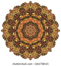 Mandala, tracery wheel mehndi design. Ethnic ornament, colorful doodle symmetry texture. Folk traditional spiritual tribal design. Curved doodling mehndi motif. Color art. Vector.