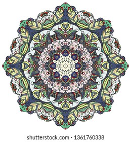 Mandala, tracery wheel mehndi design. Ethnic ornament, colorful doodle symmetry texture. Folk traditional spiritual tribal design. Curved doodling mehndi motif. Color art. Vector.