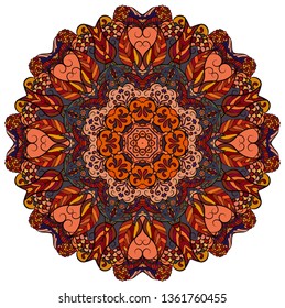Mandala, tracery wheel mehndi design. Ethnic ornament, colorful doodle symmetry texture. Folk traditional spiritual tribal design. Curved doodling mehndi motif. Color art. Vector.