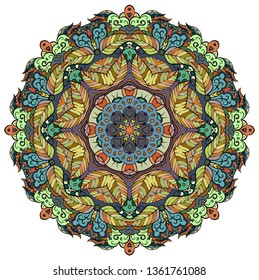 Mandala, tracery wheel mehndi design. Ethnic ornament, colorful doodle symmetry texture. Folk traditional spiritual tribal design. Curved doodling mehndi motif. Color art. Vector.