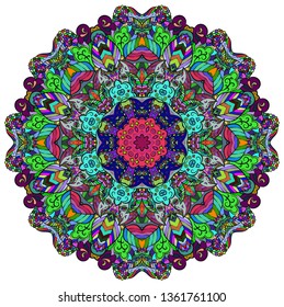 Mandala, tracery wheel mehndi design. Ethnic ornament, colorful doodle symmetry texture. Folk traditional spiritual tribal design. Curved doodling mehndi motif. Color art. Vector.
