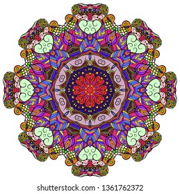 Mandala, tracery wheel mehndi design. Ethnic ornament, colorful doodle symmetry texture. Folk traditional spiritual tribal design. Curved doodling mehndi motif. Color art. Vector.