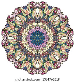 Mandala, tracery wheel mehndi design. Ethnic ornament, colorful doodle symmetry texture. Folk traditional spiritual tribal design. Curved doodling mehndi motif. Color art. Vector.
