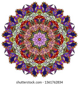 Mandala, tracery wheel mehndi design. Ethnic ornament, colorful doodle symmetry texture. Folk traditional spiritual tribal design. Curved doodling mehndi motif. Color art. Vector.