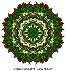 Mandala, tracery wheel mehndi design. Ethnic ornament, colorful doodle symmetry texture. Folk traditional spiritual tribal design. Curved doodling mehndi motif. Color art. Vector.