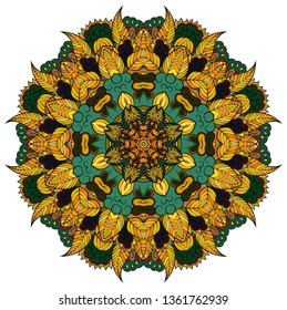Mandala, tracery wheel mehndi design. Ethnic ornament, colorful doodle symmetry texture. Folk traditional spiritual tribal design. Curved doodling mehndi motif. Color art. Vector.