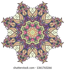 Mandala, tracery wheel mehndi design. Ethnic ornament, colorful doodle symmetry texture. Folk traditional spiritual tribal design. Curved doodling mehndi motif. Color art. Vector.