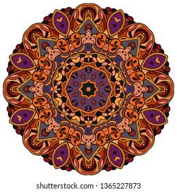 Mandala, tracery wheel mehndi design. Ethnic ornament, colorful doodle symmetry texture. Folk traditional spiritual tribal design.  Curved shape, isolated on white. Color art. Vector