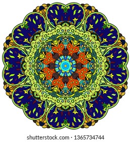 Mandala, tracery wheel mehndi design. Ethnic ornament, colorful doodle symmetry texture. Folk traditional spiritual tribal design.  Curved shape, isolated on white. Color art. Vector