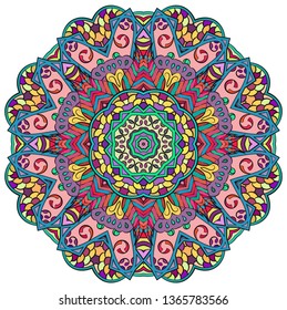 Mandala, tracery wheel mehndi design. Ethnic ornament, colorful doodle symmetry texture. Folk traditional spiritual tribal design.  Curved shape, isolated on white. Color art. Vector