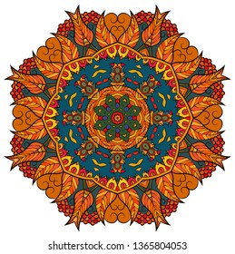Mandala, tracery wheel mehndi design. Ethnic ornament, colorful doodle symmetry texture. Folk traditional spiritual tribal design.  Curved shape, isolated on white. Color art. Vector