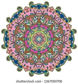 Mandala, tracery wheel mehndi design. Ethnic ornament, colorful doodle symmetry texture. Folk traditional spiritual tribal design.  Curved shape, isolated on white. Color art. Vector