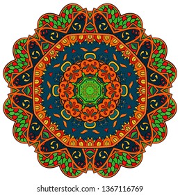 Mandala, tracery wheel mehndi design. Ethnic ornament, colorful doodle symmetry texture. Folk traditional spiritual tribal design.  Curved shape, isolated on white. Color art. Vector