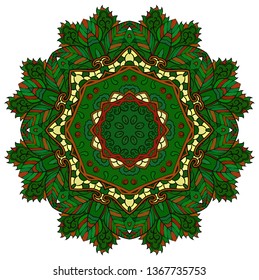 Mandala, tracery wheel mehndi design. Ethnic ornament, colorful doodle symmetry texture. Folk traditional spiritual tribal design.  Curved shape, isolated on white. Color art. Vector