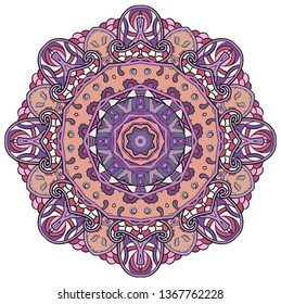 Mandala, tracery wheel mehndi design. Ethnic ornament, colorful doodle symmetry texture. Folk traditional spiritual tribal design.  Curved shape, isolated on white. Color art. Vector