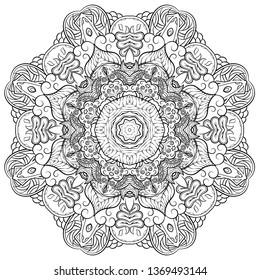 Mandala, tracery wheel mehndi design. Ethnic ornament, doodle symmetry texture. Folk traditional spiritual tribal design. Curved shape, isolated on white. Binary monochrome black and white art. Vector