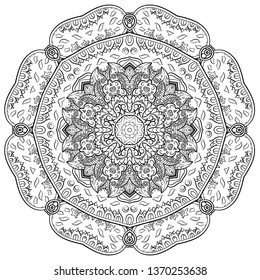 Mandala, tracery wheel mehndi design. Ethnic ornament, doodle symmetry texture. Folk traditional spiritual tribal design. Curved shape, isolated on white. Binary monochrome black and white art. Vector