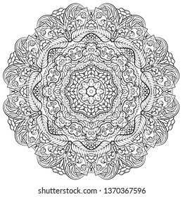 Mandala, tracery wheel mehndi design. Ethnic ornament, doodle symmetry texture. Folk traditional spiritual tribal design. Curved shape, isolated on white. Binary monochrome black and white art. Vector