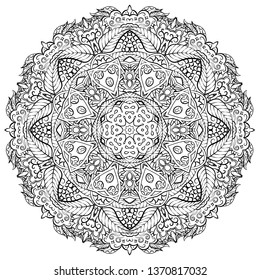 Mandala, tracery wheel mehndi design. Ethnic ornament, doodle symmetry texture. Folk traditional spiritual tribal design. Curved shape, isolated on white. Binary monochrome black and white art. Vector