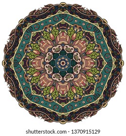 Mandala, tracery wheel mehndi design. Ethnic ornament, colorful doodle symmetry texture. Folk traditional spiritual tribal design.  Curved shape, isolated on white. Color art. Vector