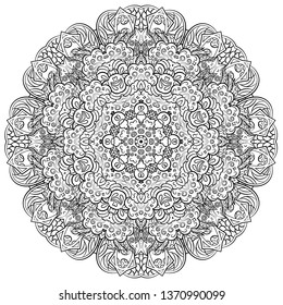 Mandala, tracery wheel mehndi design. Ethnic ornament, doodle symmetry texture. Folk traditional spiritual tribal design. Curved shape, isolated on white. Binary monochrome black and white art. Vector