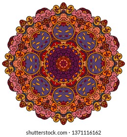 Mandala, tracery wheel mehndi design. Ethnic ornament, colorful doodle symmetry texture. Folk traditional spiritual tribal design.  Curved shape, isolated on white. Color art. Vector