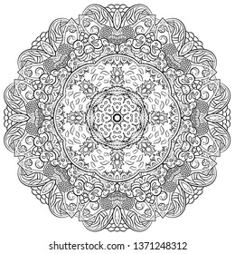 Mandala, tracery wheel mehndi design. Ethnic ornament, doodle symmetry texture. Folk traditional spiritual tribal design. Curved shape, isolated on white. Binary monochrome black and white art. Vector