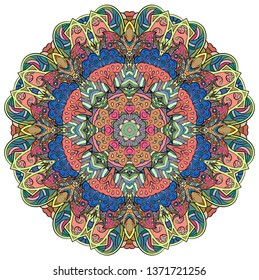 Mandala, tracery wheel mehndi design. Ethnic ornament, colorful doodle symmetry texture. Folk traditional spiritual tribal design.  Curved shape, isolated on white. Color art. Vector